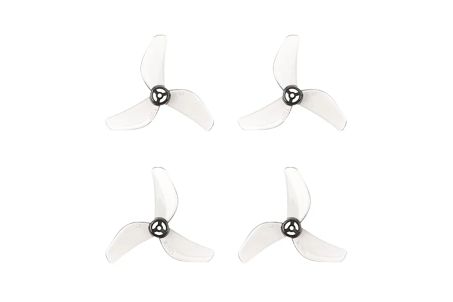 Four clear grey Gemfan 1207 3-blade propellers arranged in a grid on a white background.