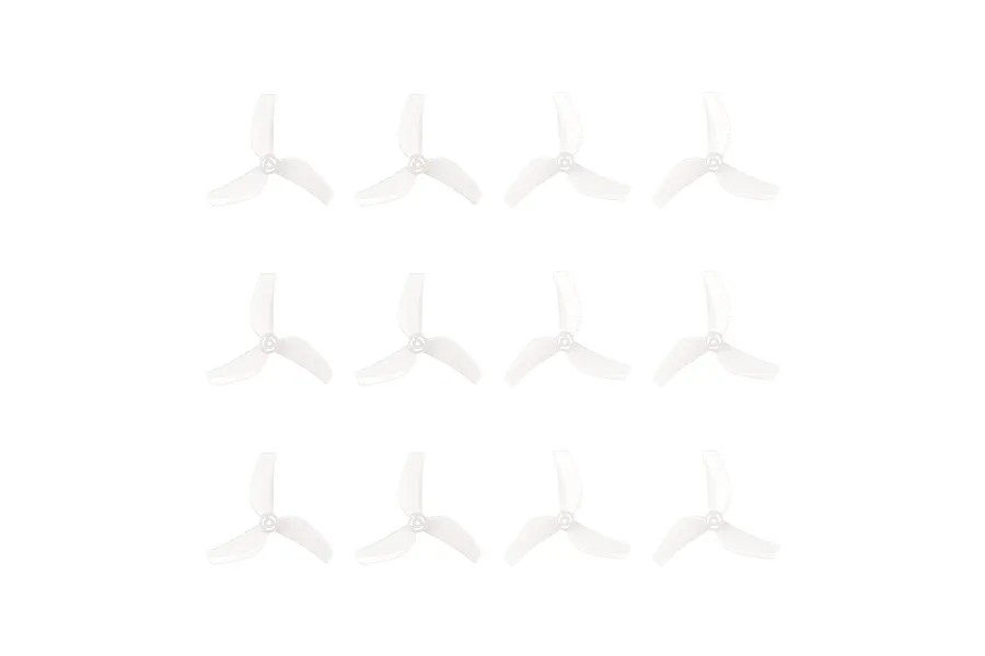 A set of twelve clear 3-blade propellers for micro drones arranged in a grid on a white background.