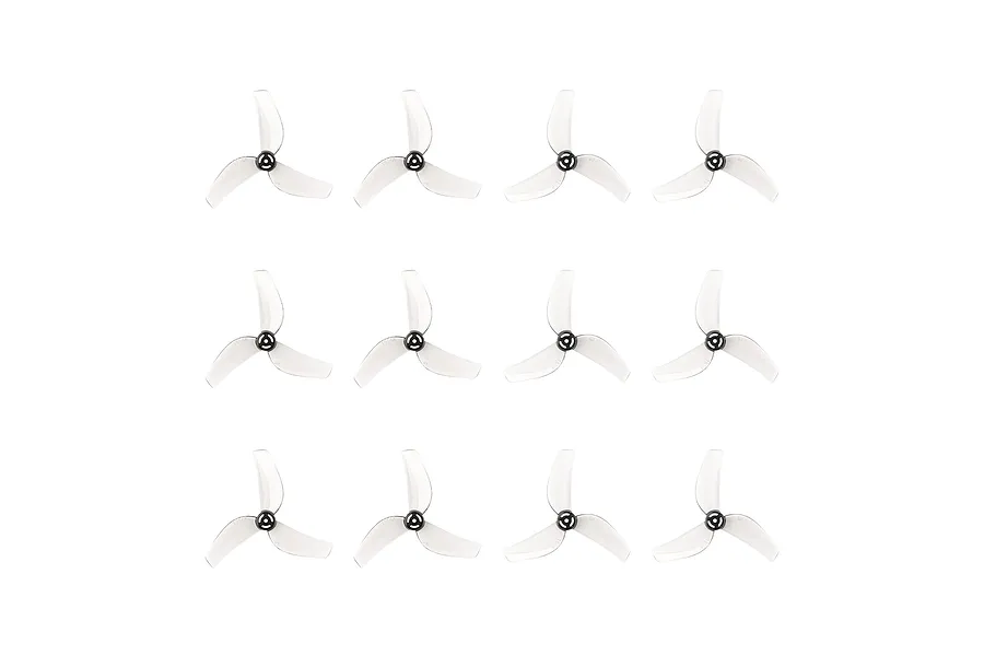 Twelve clear grey 3-blade propellers for micro drones arranged in a grid on a white background.