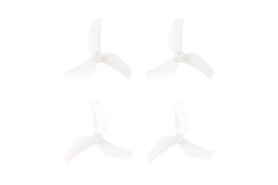 Four clear 3-blade propellers for micro drones arranged in a grid on a white background.