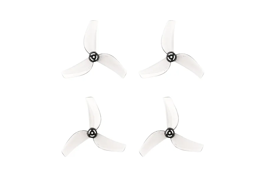 Four clear grey Gemfan 1614 3-blade propellers for micro drones arranged in a grid on a white background.