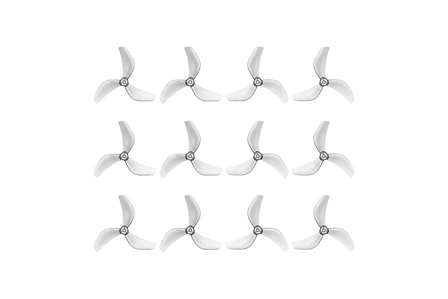 A set of twelve clear grey Gemfan 3-blade propellers arranged in a grid against a white background.