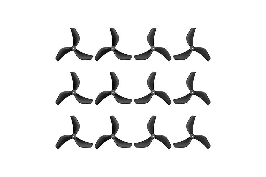 A set of twelve black Gemfan 3-blade drone propellers arranged in a grid against a white background.