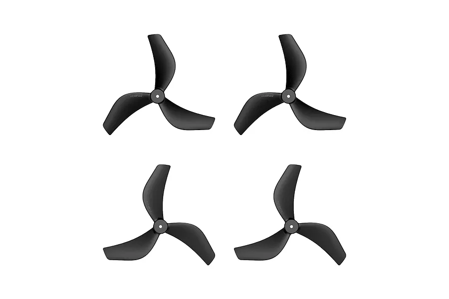 Four black Gemfan 3-blade propellers arranged in a grid on a white background.