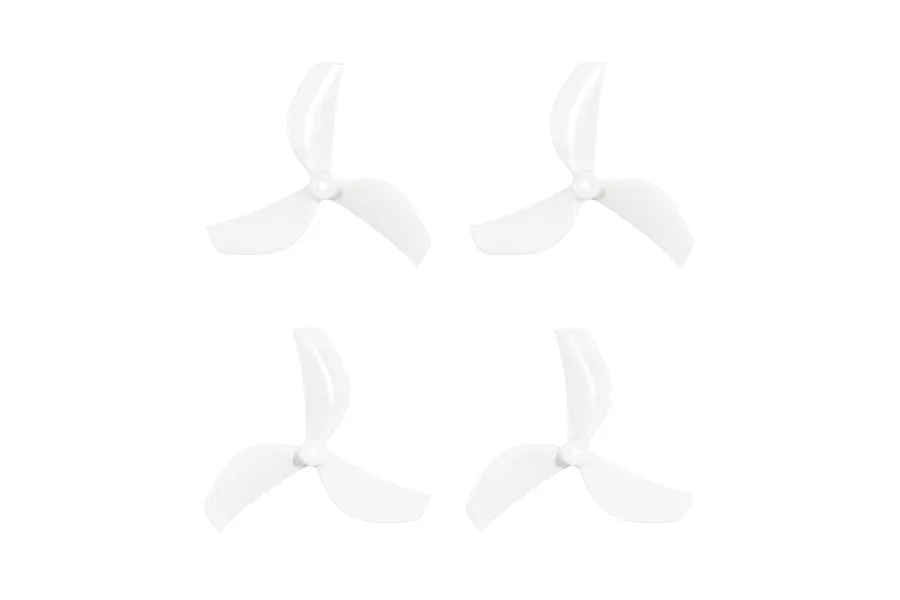 Four white 3-blade drone propellers arranged in a 2x2 grid against a plain white background.