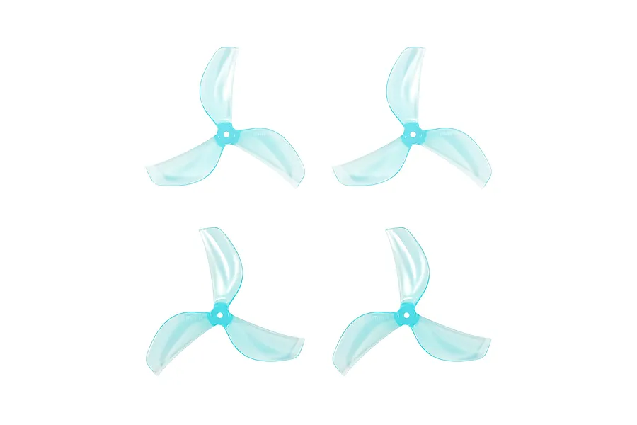 Four light blue, three-blade propellers for RC drones arranged in a grid on a white background.