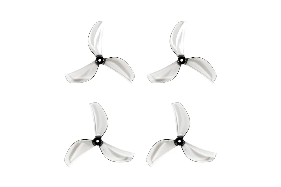 Four 45mm 3-blade drone propellers in clear grey plastic, arranged in a grid on a white background.