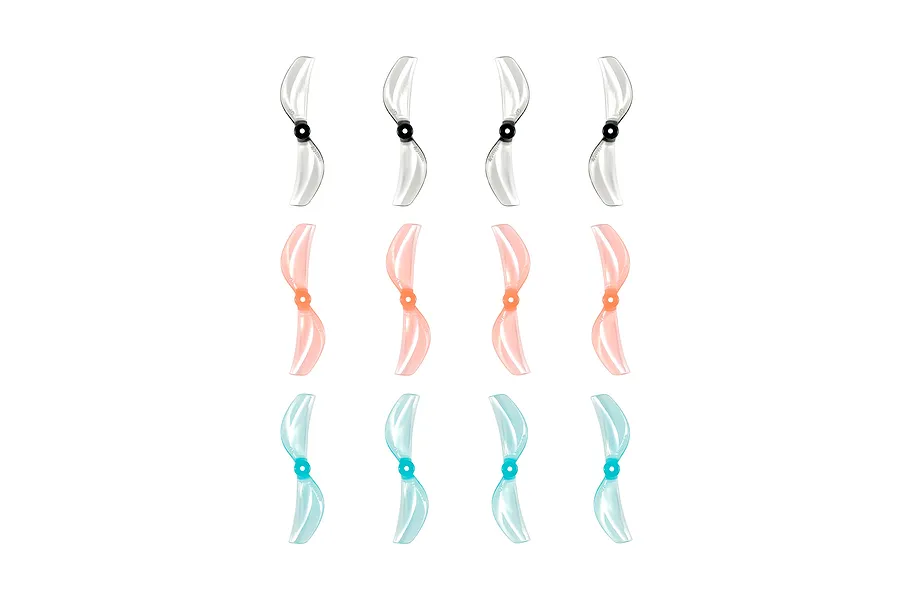 A set of 12 BetaFPV Gemfan 45mm 2-blade propellers in pink, blue, and grey, arranged in three rows of four on a white background.