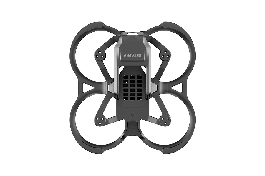 Top-down view of a black BetaFPV drone frame with integrated propeller guards and a central mounting bracket.