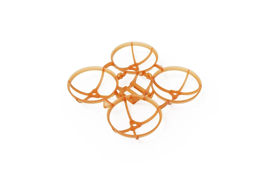 A clear orange plastic whoop drone frame with four propeller ducts on a white background.