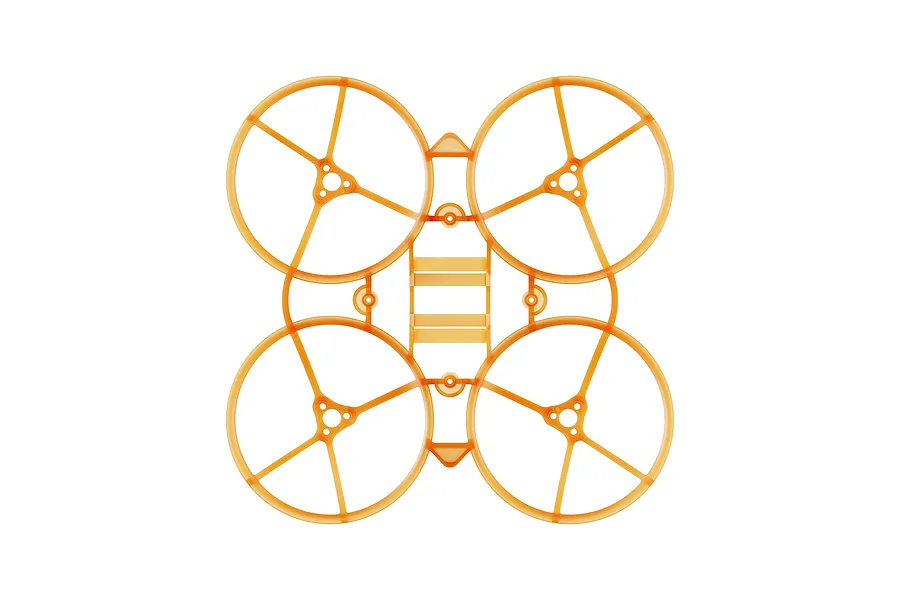 Top-down view of a clear orange BetaFPV drone frame with four integrated propeller guards.