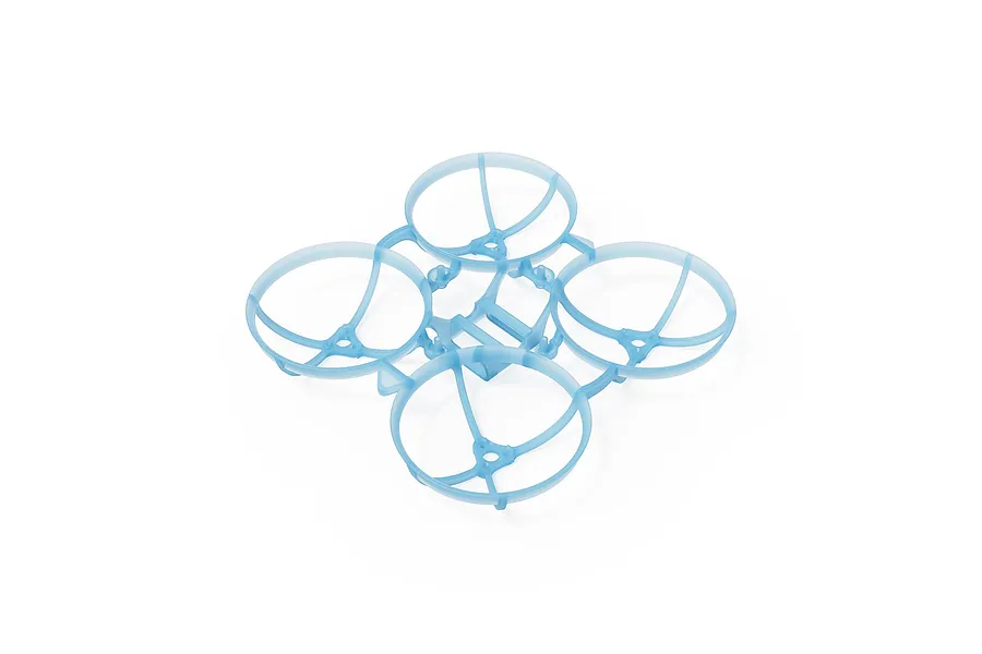 A clear blue BetaFPV drone frame with four propeller guards on a white background.