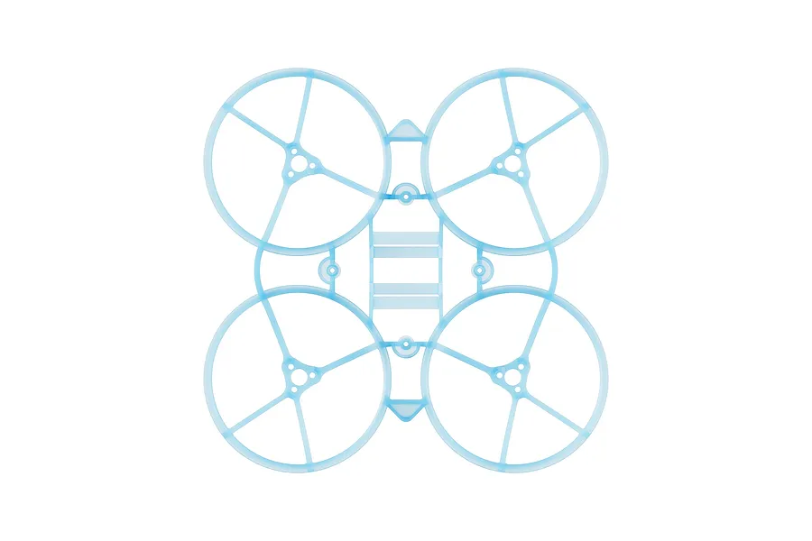 Top-down view of a clear blue BetaFPV drone frame with four integrated propeller guards.