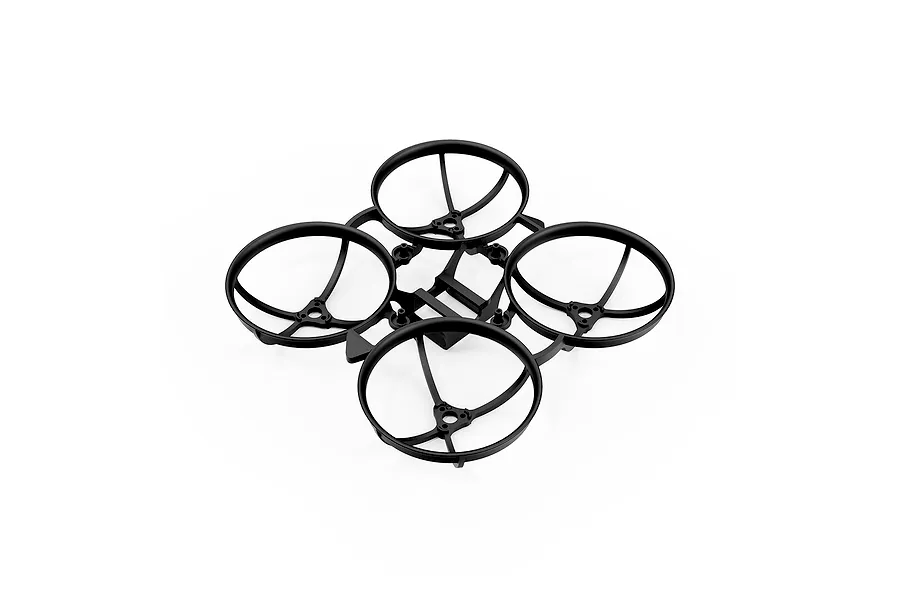A black BetaFPV drone frame with four circular propeller guards on a white background.