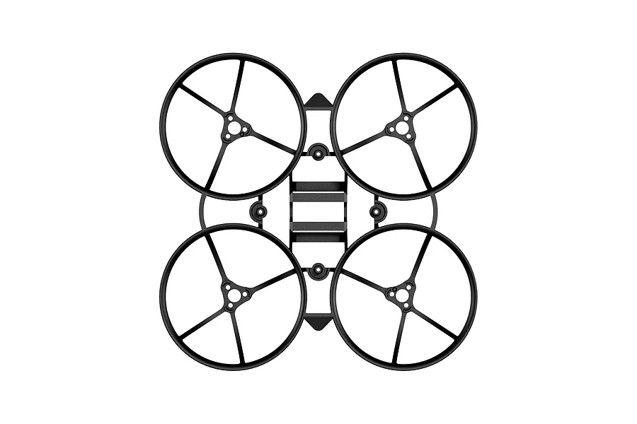 Top-down view of a black BetaFPV drone frame featuring four integrated circular propeller guards.