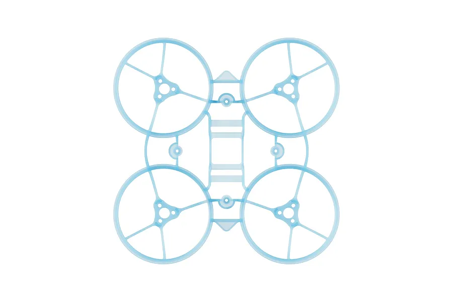 Top-down view of a clear blue BetaFPV whoop drone frame with four integrated propeller ducts.