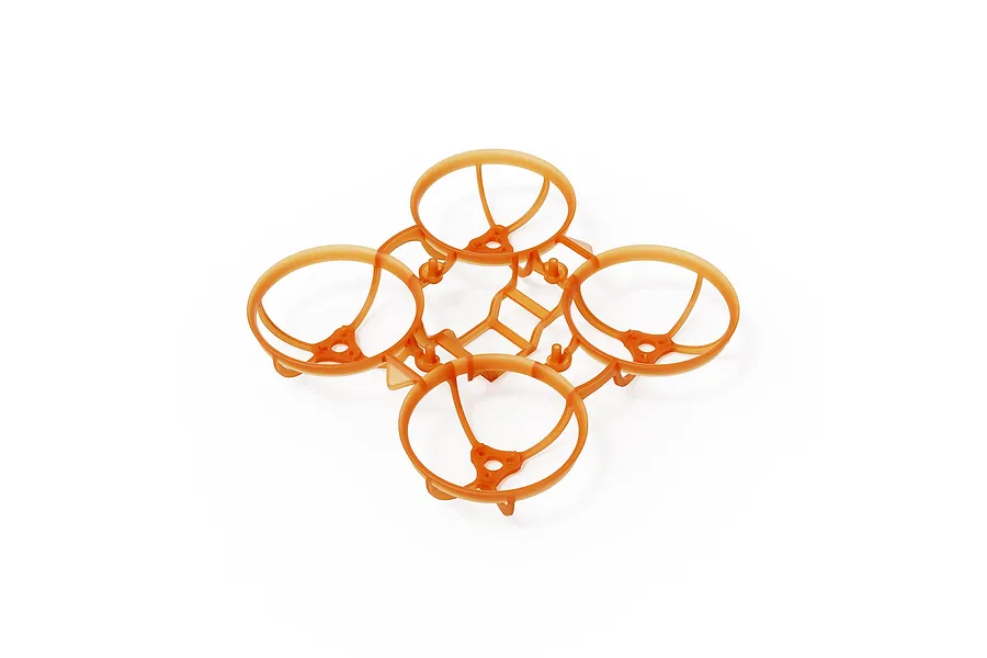 A clear orange BetaFPV drone frame with four integrated propeller guards, viewed from a high angle against a white background.