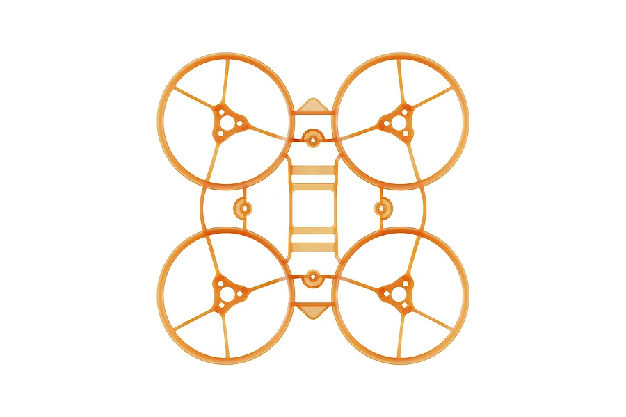 Top-down view of a clear orange BetaFPV drone frame with four integrated propeller guards.