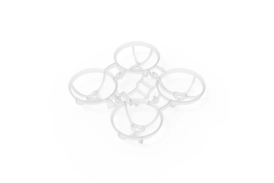A clear, translucent white BetaFPV drone frame with four propeller guards, viewed from a high angle against a white background.