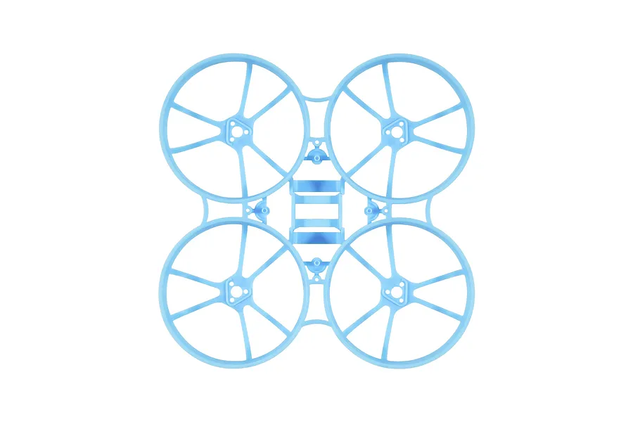Top-down view of a light blue BetaFPV drone frame with four circular propeller guards and a central battery mount.