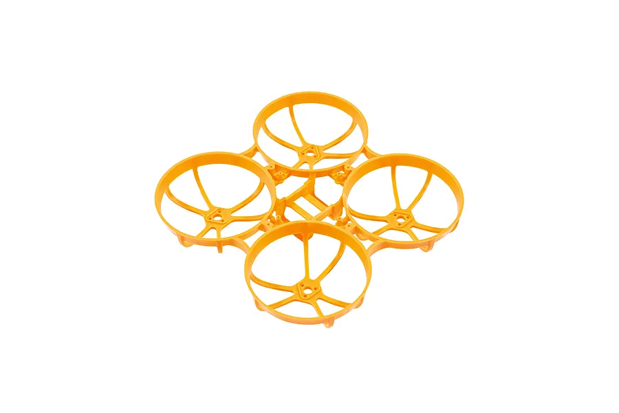 An orange BetaFPV drone frame with four circular propeller guards in a studio setting.