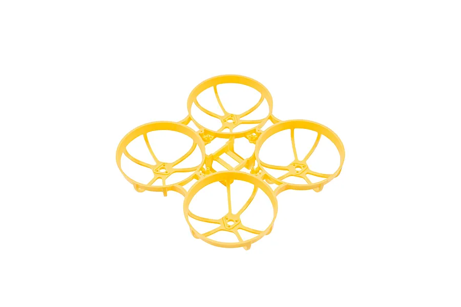 A bright yellow BetaFPV drone frame with four integrated propeller ducts, viewed from a high angle against a white background.