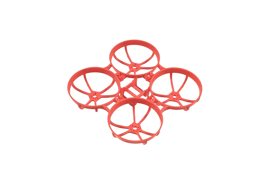 A red BetaFPV drone frame with four integrated propeller guards, viewed from a high angle against a white background.