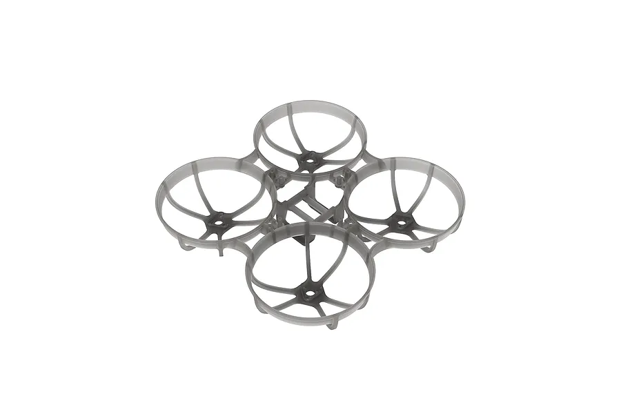 A clear grey BetaFPV drone frame with four integrated propeller guards, viewed from a high angle against a white background.