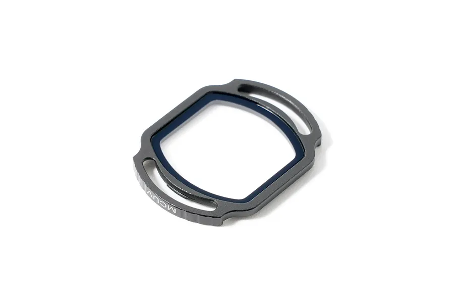 A BetaFPV O4 Pro camera UV filter with a dark grey metal frame and blue-tinted glass lens, isolated on a white background.