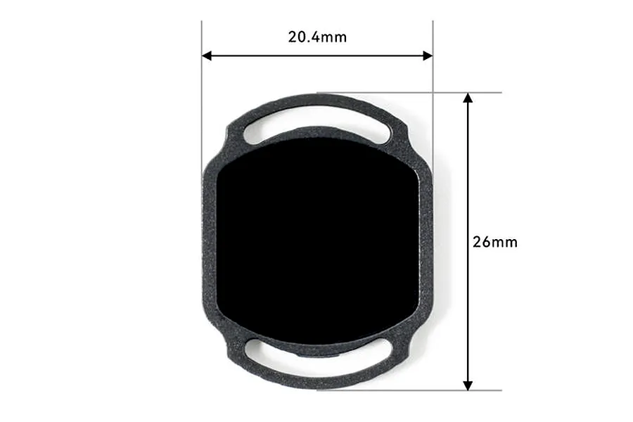 A top-down view of a black camera ND filter with dimension lines showing 20.4mm width and 26mm height against a white background.