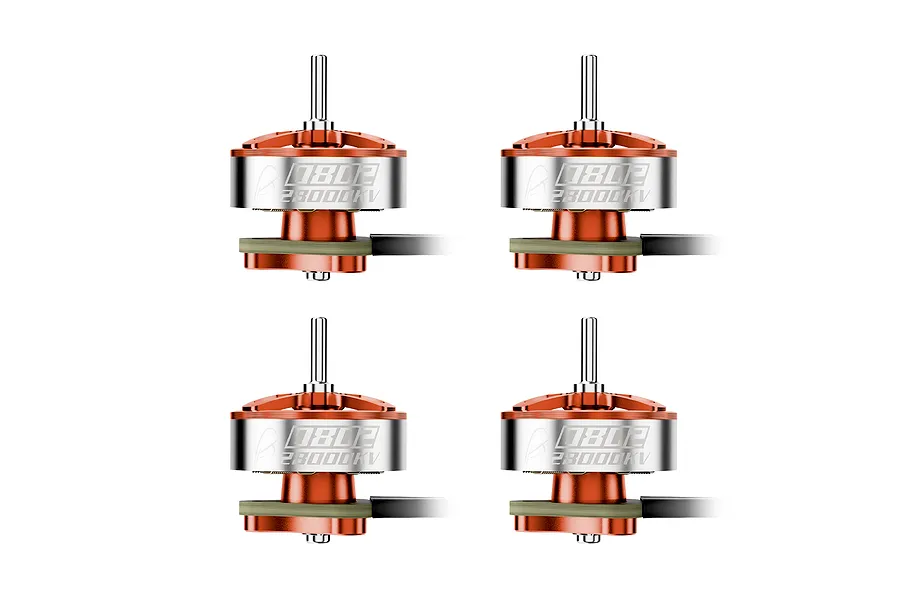 Four BetaFPV 0802 II 28000KV brushless motors in orange, arranged in a grid against a white background.