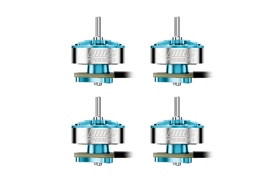 Four BetaFPV 0802 II 22000KV brushless motors in blue, arranged in a grid against a white background.