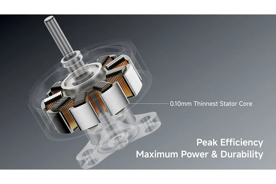 A technical diagram showing the internal stator core of a BetaFPV brushless motor, highlighting its 0.10mm thickness for efficiency.