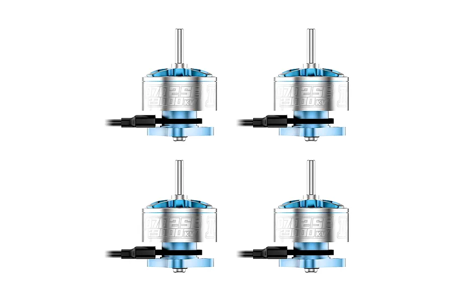 Four BetaFPV 0702SE II 23000KV brushless drone motors in blue and silver, arranged in a grid on a white background.