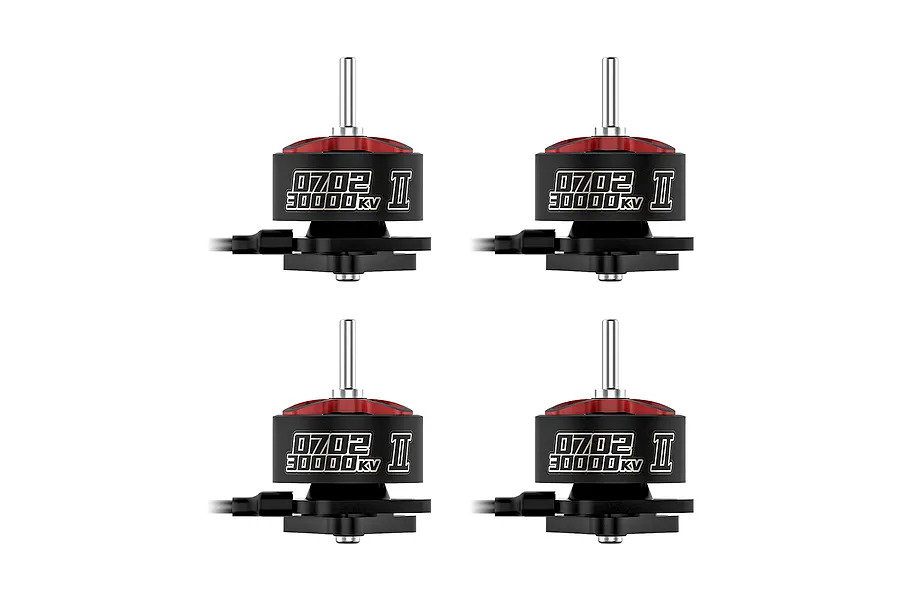 Four BetaFPV 0702 II 30000KV brushless motors arranged in a grid against a white background.