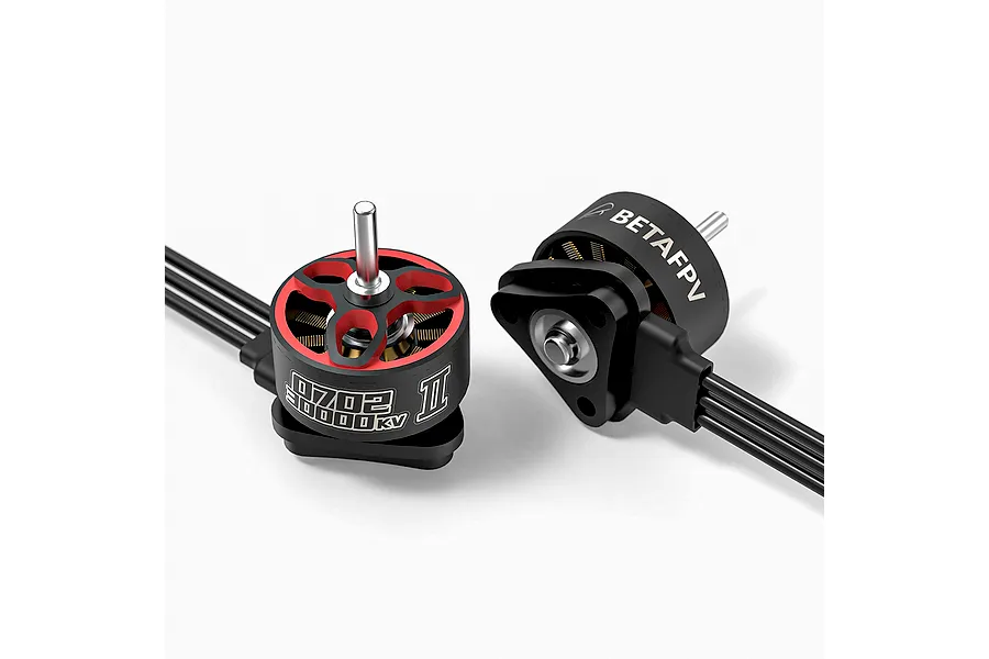 Two BetaFPV 0702 II 30000KV brushless motors shown from top and bottom angles against a white background.