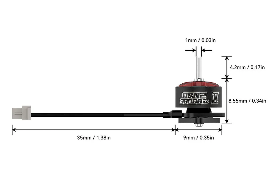 Technical diagram showing the dimensions of a BetaFPV 0702 II brushless motor with a black and red finish and a wire lead.