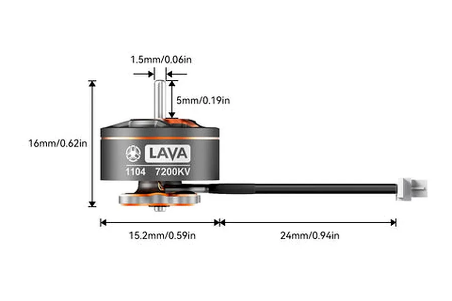 A technical diagram of a BetaFPV Lava 1104 7200KV brushless motor showing dimensions for the shaft, body, and wire length.