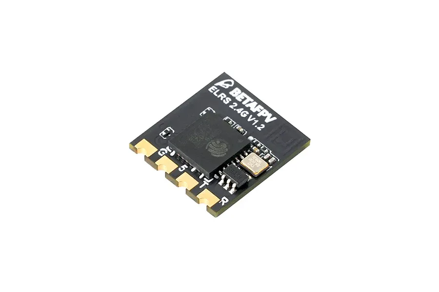 A top-down view of a BetaFPV ELRS 2.4G V1.2 receiver circuit board on a white background.