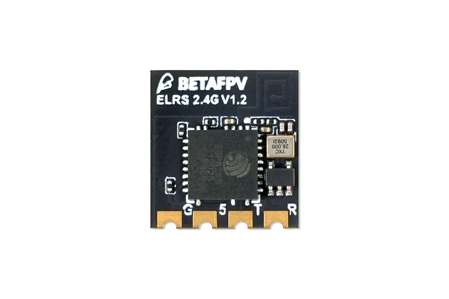 Top-down view of a BetaFPV 2.4GHz ELRS Lite Receiver V1.2 circuit board on a white background.