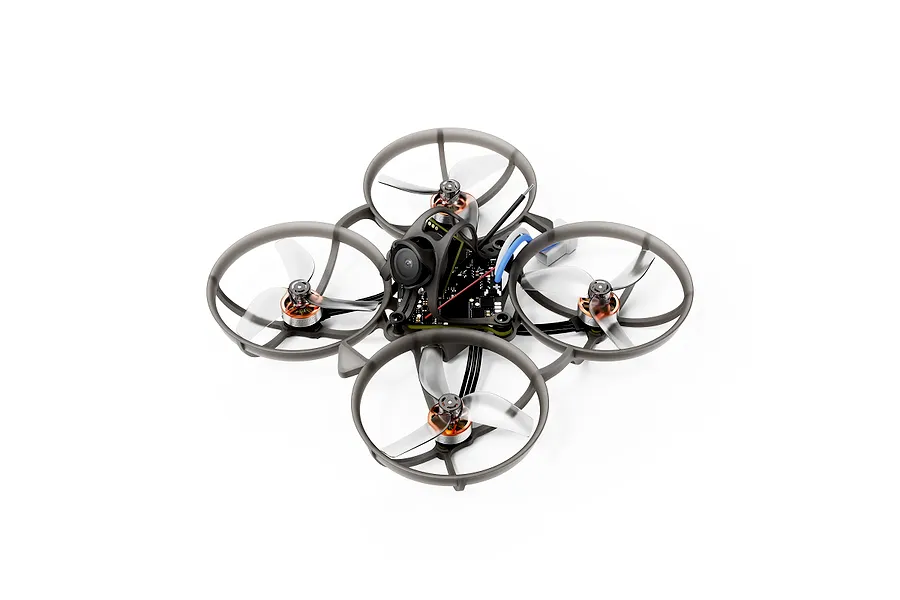 BetaFPV Air75 II brushless FPV drone featuring a grey protective frame, clear propellers, and a central camera module on a white background.