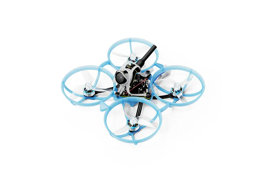 BetaFPV Air75 II brushless FPV drone featuring a light blue frame, four propellers, and a central camera module on a white background.
