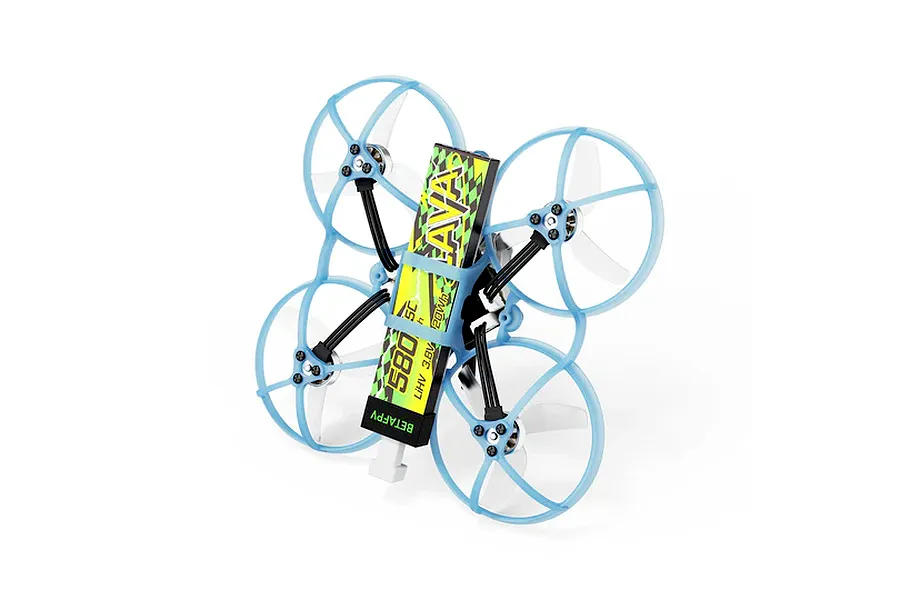 BetaFPV Air75 brushless FPV drone with light blue propeller guards and a BetaFPV Lava battery mounted on top.