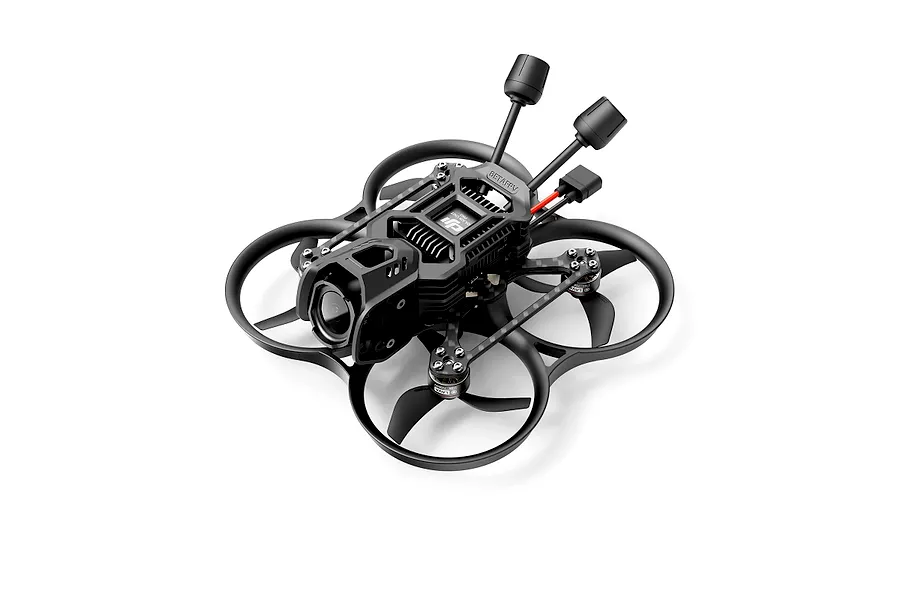 BetaFPV Pavo20 Pro II FPV drone featuring a black frame, propeller guards, and DJI O4 Air Unit, shown from a high-angle perspective.