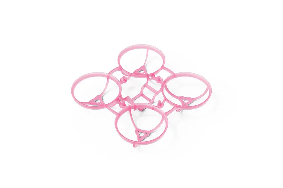 A clear pink BetaFPV drone frame with four circular propeller guards on a white background.