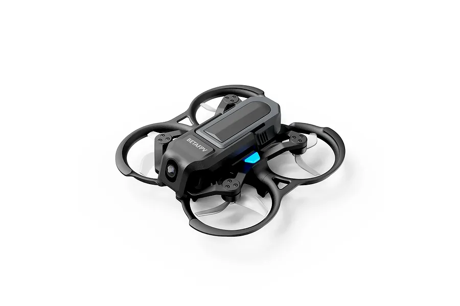 BetaFPV Aquila20 HD brushless FPV drone in black with white propellers, viewed from a high angle against a white background.
