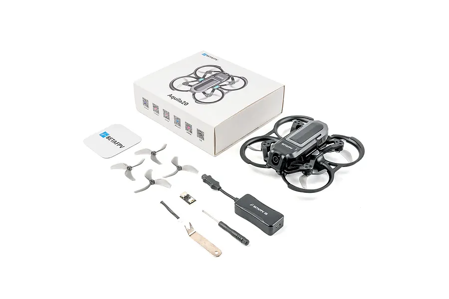 BetaFPV Aquila20 HD drone kit including the drone, spare propellers, battery, tools, and original packaging box on a white background.