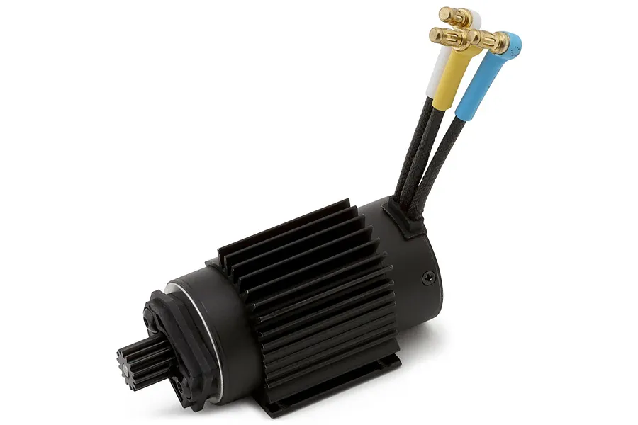 A black brushless RC motor with a heatsink, pinion gear, and three wires with bullet connectors against a white background.