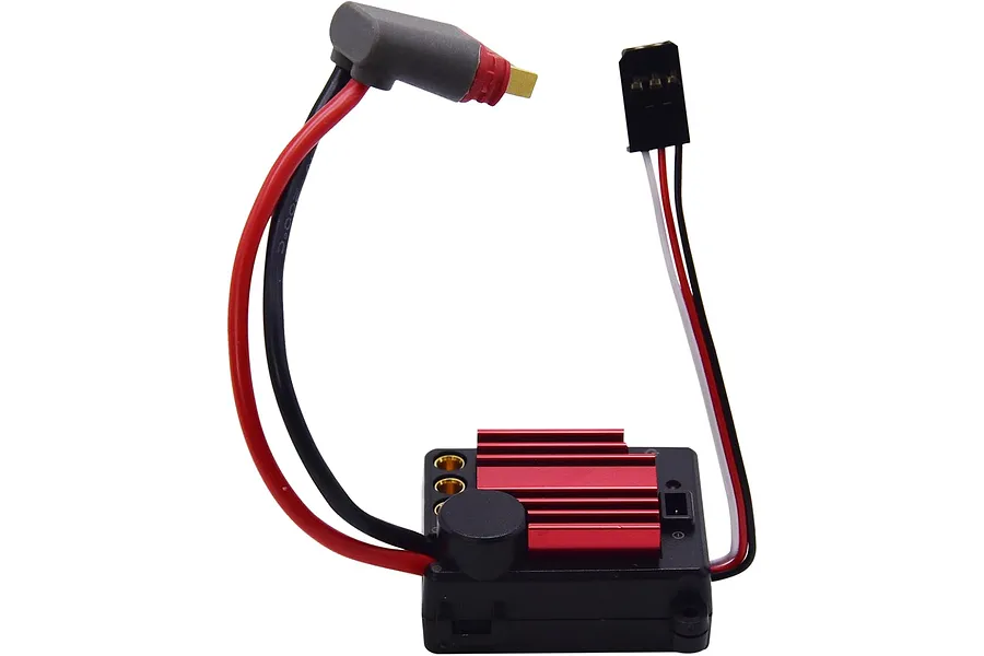 MJX RC brushless electronic speed controller with a red heatsink, black casing, and attached power and signal wires.