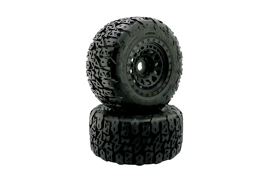 Two Method RC 4.9 Terraform belted all-terrain tyres mounted on black Array rims, stacked vertically against a white background.